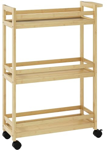 HOMCOM Scaffale Bagno Stretto a 3 Ripiani in Bambù, Carrello Portaoggetti Salvaspazio con Ruote a Freno e Maniglia, Scaffale Salvaspazio Bagno Multiuso per Cucina, Soggiorno, 55x20x75 cm, Naturale
