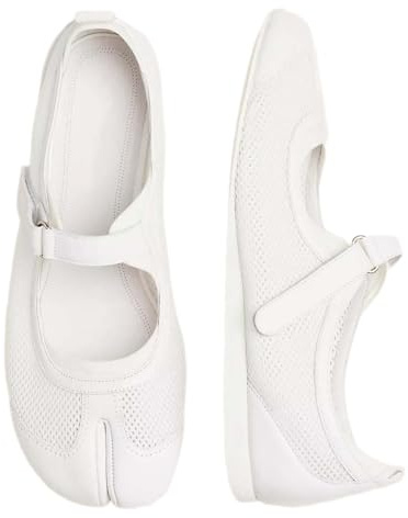 STALOV Tabi Ballet Flats for Women Mesh Rounde Toe Split-Toe Athletic Mary Janes Low Heel Comfortable Sporty Flats Shoes White US11