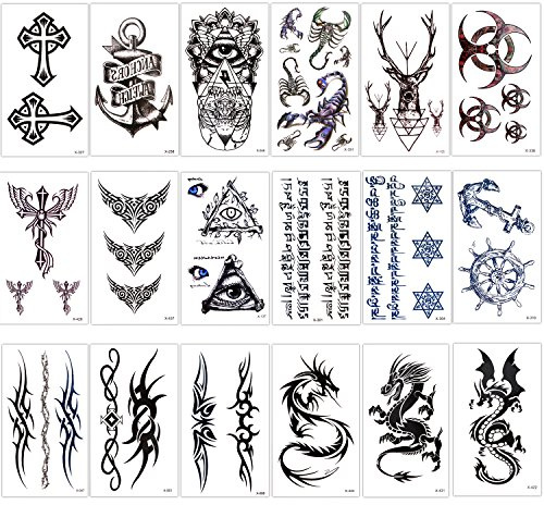 Konsait Temporary Tattoos for Adult Men Women Kids(18 Sheets), Waterproof Temporary Tattoo Fake Tattoos Body Art Sticker Cover Up Set,Dragon Anchor Eye Scorpion Graphic Elk