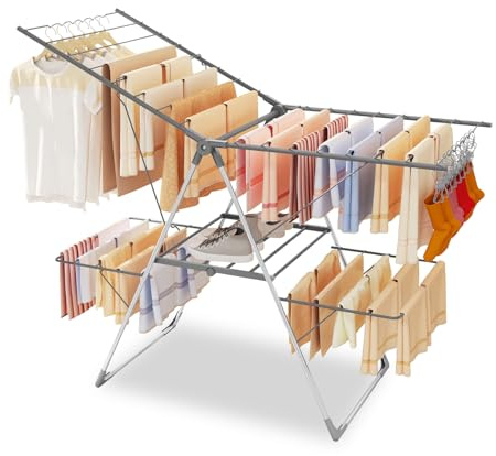 Bigzzia Clothes Drying Rack Foldable, 2-Level Large Laundry Drying Rack Collapsible, Stainless Steel Drying Rack Clothing for Indoor Outdoor, Easy to Fold, 33 Drying Rails, 142cm, Gray