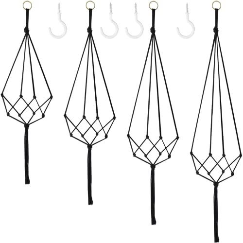 Augshy Lot de 4 suspensions de fleurs en macramé - Décoration bohème - Corde en coton - Pour pot de fleurs - Pour intérieur et extérieur - Plafonds et balcons - Décoration murale (noir)