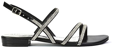 ESSEX GLAM Womens Strappy Sandals Ladies Low Flat Heel Sparkly Diamante Straps Summer Holiday Dressy Black Shoes Size 6