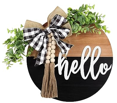 NEWOTE Hello Home Sign, Farmhouse Front Porch Welcome Wreath, 12 Wooden Round Decor, Hanging Door Decor for Home, Office, Cafe