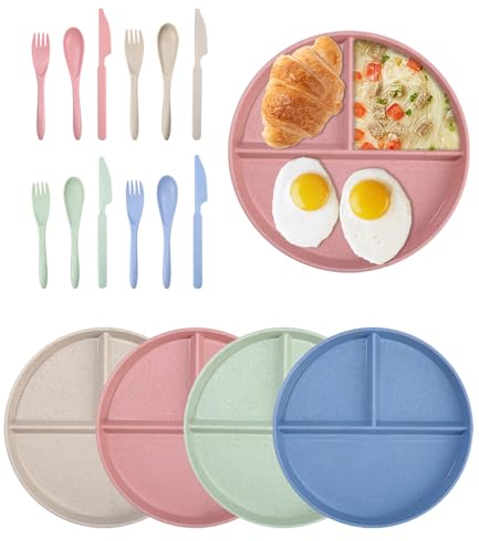 SOBEAU Lot de 4 assiettes plates en polypropylène sain, intercalaires, assiettes de table incassables, assiettes plates sans BPA (avec 4 couteaux, 4 fourchettes et 4 cuillères)