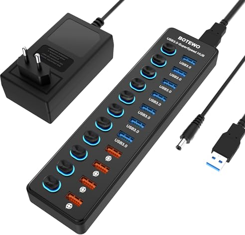 USB-hubb aktiv 3.0 med strömförsörjning: USB-splitter med strömbrytare och 1,5 m kabel – USB-portfördelare uttag, USB-flera kontakter, flera USB-adapter för PC, bärbar dator, MacBook och mer