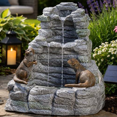 Festive Lights - 54cm Hybrid Otters Falls Solar Water Feature with Backup Battery - Stone-Effect Polyresin, IP44 Rated, Outdoor Garden Fountain - Recirculating Pump, Wall or Ground Mountable Panel