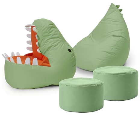 Lumaland Kindersitzsack-Set Dino, 4-TLG. | Sitzsack für Outdoor & Indoor| Sessel BZW. Kindersofa mit Füllung, ideal fürs Kinderzimmer | 1 x Dino, 1 x Monster & 2 x Pouf