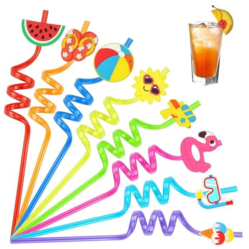 8 Piezas Pajitas Plastico Rizadas Dibujos Animados de Plastico Reutilizables para Decoraciones de Fiesta, Suministros de Decoración de Fiestas de Reunión Familiar