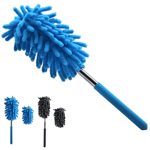 TETEWEVER 2 Pezzi Lavabili Spolverino Telescopico Asta In Acciaio Inox Fino a 75 cm con 2 Testine Sostituibili, Spolverino per Pulizia Polvere, Ragnatela, Ventilatori Soffitto, Tapparelle