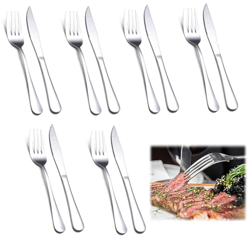 12 teilig Edelstahl Messer und Gabel Set, 6 × Tafelmesser - 6 × Gabel, für Haus/Restaurant, Spülmaschinenfest