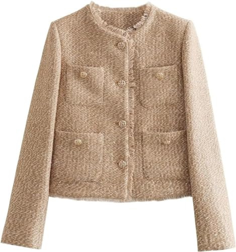 Giacca Donna in Tweed Colletto Rotondo Giacca in Tweed Vintage Manica Lunga Allentata Bottone in Metallo Multitasche Cappotto Cardigan da Ufficio Elegante Moda (Kaki,M)
