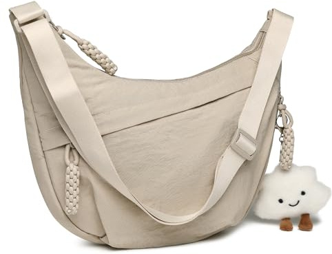 Micmores Crossbody Bag Damen Umhängetasche, Nylon Schultertasche Moon Bag Stylische Halbmond Tasche mit verstellbarer Schultergurt, Hobo Casual Handtasche (Hell beige)