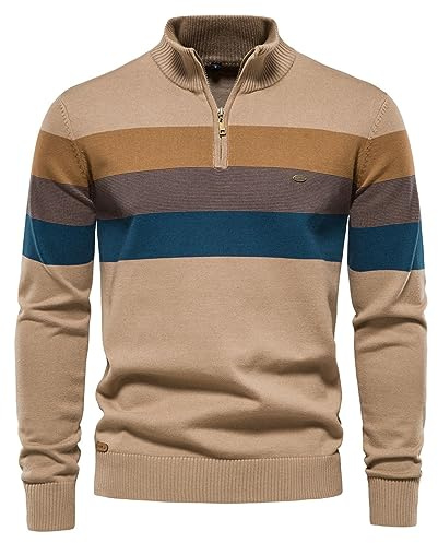 Jersey de punto para hombre, cuello alto, cremallera 1/4, bloque de color, jersey a rayas, algodón, manga larga, sudadera de forro polar, jersey de trabajo, clásico, chaqueta de ocio, chaqueta ligera