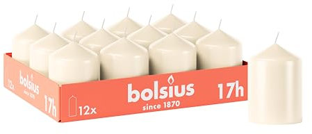 Bolsius - Lot de 12 bougies piliers lisses - Ivoire - 8 x 6 cm - Bougies décoratives pour la maison - Durée de combustion : 17 heures - Non parfumées - Contient de la cire végétale naturelle