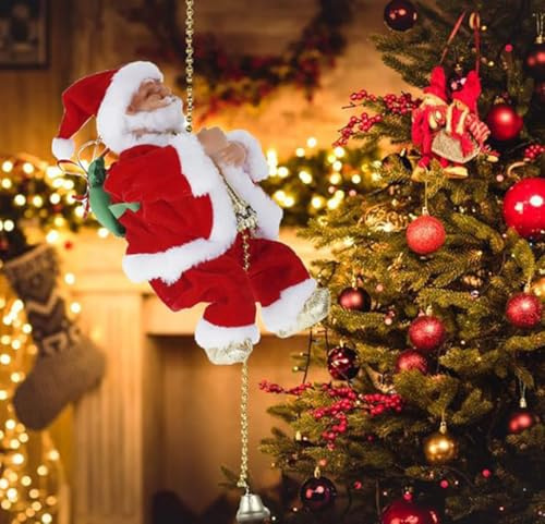 Musical Climbing Santa Claus on Beads Chain Electric Climbing Ladder Santa Claus on Rope Musical Moving Figure Christmas Plush Figurine Decorations Xmas Tree Music Hanging Ornament Party Supplies