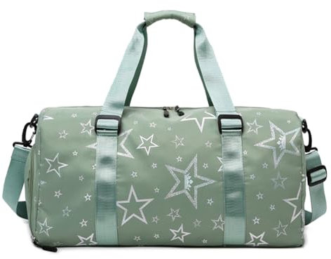 Kindersporttasche Reisetasche mit Schuhfach & Nassfach Schwimmtasche, Sternen Muster Sporttasche Mädchen Faltbare Gymnastiktasche Trainingstasche Tanztasche (Grün)