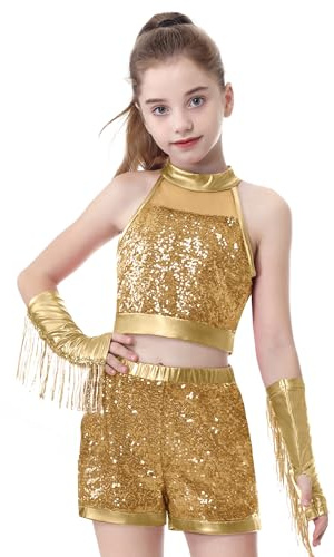 LOLANTA Completo Danza Hip Hop per Bambina, Top e Pantaloncini con Paillettes Scintillanti, Include Polsini con Frange per Jazz e Street Dance(Oro, 5-6 anni, 120)