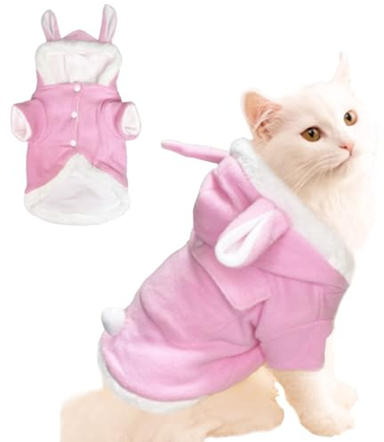 ANIAC Bunny Ears Cat Costume Plush Dog Hoodies with Pocket Sweater Cute Kitten Cat Clothes Warm Rabbit Ears Outfit with Hood for Small Dog Cat and Puppy (Pink-2, Medium)