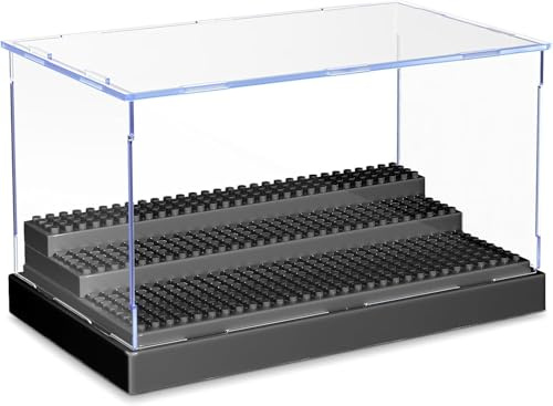 Evereden Minifigure Display Case, Display Case for Minifigure Action Figures Blocks, Acrylic Display Case for Figures Dustproof with 3 Movable Steps (Black)