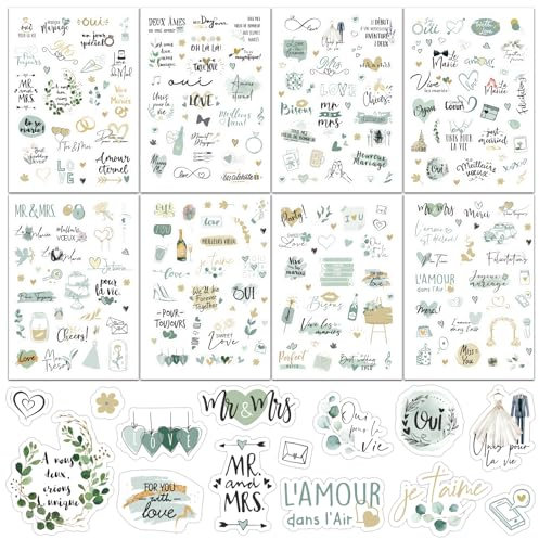 8 Feuilles 240pcs Stickers Mariage Autocollant Scrapbooking Vintage en Français Vive les Mariés forme Ange Cœur Fleur Anneau Décoration DIY pour Fête Album Photo Livre D'Or Invitation de Mariage