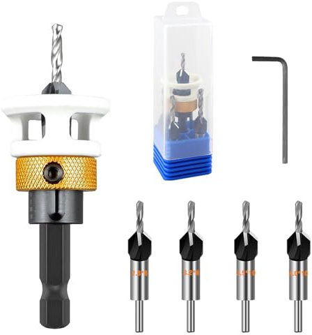 Professional Grade Countersink Drill Bits Set with Depth Stop, Adjustable Depth Woodworking Hex Shank Counter Bit, Heavy-Duty Precision Drilling Tool for Particle Board, Medium Density Fiberboard