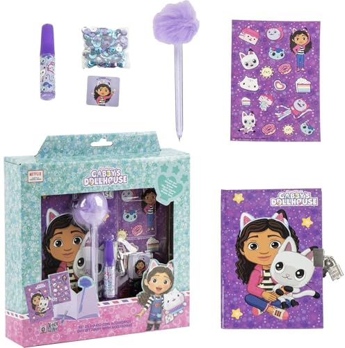 CERDÁ LIFE'S LITTLE MOMENTS Diario Set Gabby’s Dollhouse con Bolígrafo y Pegatinas para Niñas - Cuaderno Secreto Infantil con Candado y Decoraciones de Gabby’s Dollhouse