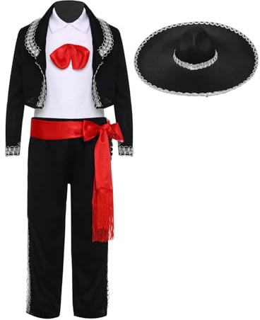 Aislor Costume Traditionnel Mexicain pour Garçon Enfant Déguisement Halloween Ensemble Pantalon et Veste et Chapeau Mariachi Mexicain Tenue D ensorceleuse