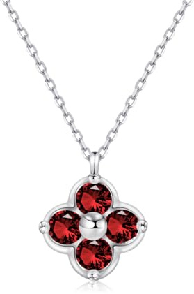 PHNIBIRD Collana Donna in Argento Sterling 925 con Granato con pietre di nascita trefle a 4 foglie ciondolo donna regalo per mamma moglie figlia