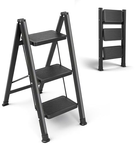 Teodute Scala 3 Gradini Scaletta Pieghevole, Capacità Carico Massima 150kg, Acciaio Carbonio Legato Scaletta 2 Gradini con Gradini Larghi, per Lavanderie Cucine Camere da Letto Garage