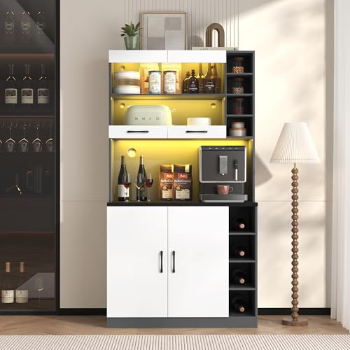 ModernLuxe Kitchen Storage Cabinet with LED Ambient Lighting, Tall Kitchen Cupboard with Height Adjustable Side Shelves, Wooden Display Cabinet with Microwave Space, White and Grey, 100 x 47 x 187 cm