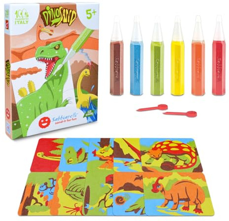 Sabbiarelli Sand-it For Fun – Kit Dinosand 5+ | Kit de Sand Art con Dinosaurios 100% Made in Italy con Arena de Colores, Dibujos Adhesivos y Accesorios | Manualidades Creativas para Niños 5-12 años