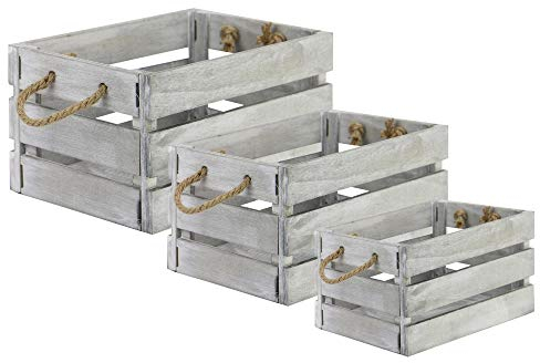 Wooden Storage Crates Set of 3 – Nesting Rustic Vintage Crates with Rope Handles – Decorative Farmhouse Storage Boxes for Shelves Living Room Bathroom – Small Medium Large | M&W
