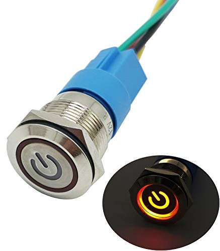 CESFONJER Interruptor de Botón de Bloqueo | Botón Interruptor Resistente al Agua | LED Rojo Símbolo de poder 19mm 12V Metal Encendido/Apagado Para Automovil, Barco, Etc