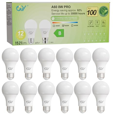 GY 8W Bombillas Led E27 4000K Luz Blanca Neutra, 8W Equivalente a 100W, 1521 Lúmenes, No Regulable, A60 Bombilla Bajo Consumo Pack de 12