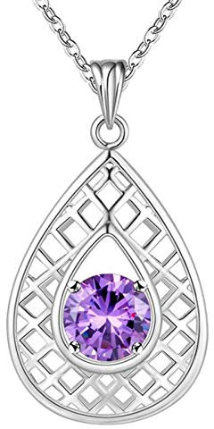 Banemi Pendentif Femme Chaine Longue Collier Pendentif Grille De Goutte d'eau Argent Violet Zirconium Rond