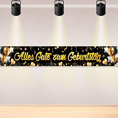 DPKOW Alles Gute zum Geburtstag Banner Schwarzes Gold, Lange Hintergrund Banner für Geburtstag Innen Außen Dekoration, Deutschen Geburtstag Party Dekoration, 265 * 35cm