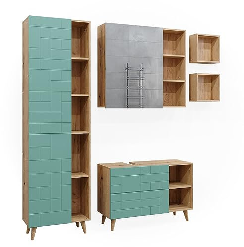 Vicco Badmöbel-Set Rudi, Badezimmerschrank-Set, Mintgrün/Eiche, 5 Teile, mit Hochschrank