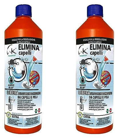 WK Elimina Capelli Per Scarichi Domestici | L'unico in grado di eliminare peli e capelli dagli scarichi | 1 litro | Made in Italy (Confezione da 2)