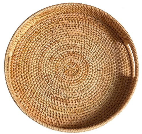 Plateau de Service Rond en Rotin, Plateau de Service en Osier avec Poignées, Panier de Service Décoratif en Tissé Naturel (30 cm, Naturel)