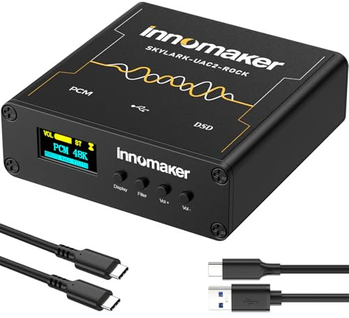 innomaker Amplificador USB DAC/auriculares HiFi con salidas XRL de 3,5 mm, ES9038Q2M hasta PCM 32 bits/768 kHz o DSD256, pantalla FFT de espectro de audio, coche de audio USB para PC/portátiles/SBC,