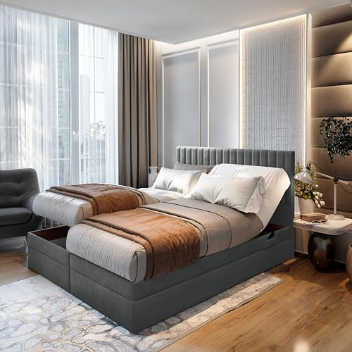 TRADA Boxspringbett ADÈLE 160 x 200 cm – elektrische Bett mit Matratze + Tooper und Bettkasten - Stoffbezug Veloursstoff - Dunkelgrau - 160 x 200 cm