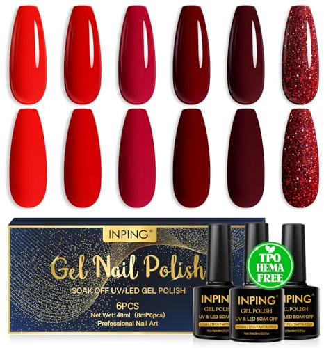 INPING Pintauñas Semipermanentes HEMA-FREE TPO-FREE, 6 Colore Rojo Burdeos Rojo Glitter Esmaltes Semipermanentes Para Uñas UV/LED Gel Nail Polish Uñas Diy Manicura Nail Art Set, 8 ML