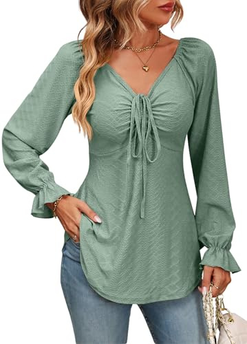 Atxnn Camicia Donna Elegante Blusa Donna Manica Lunga Backless Sexy V-Neck Top con Coulisse Regolabile Manica a Sbuffo Casual Pullover Maglia Jacquard Tunica Camicetta T-Shirt a Tinta Unita