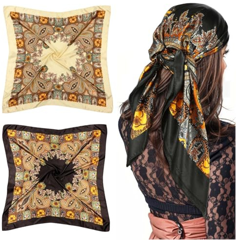 YUBBYSTU 2 piezas bufanda de pelo para mujer, bufanda de seda cuadrada suave, bufandas de seda para mujeres, bandanas para dormir, playa, ligera bandana impresa a la moda, uso diario, fiestas o