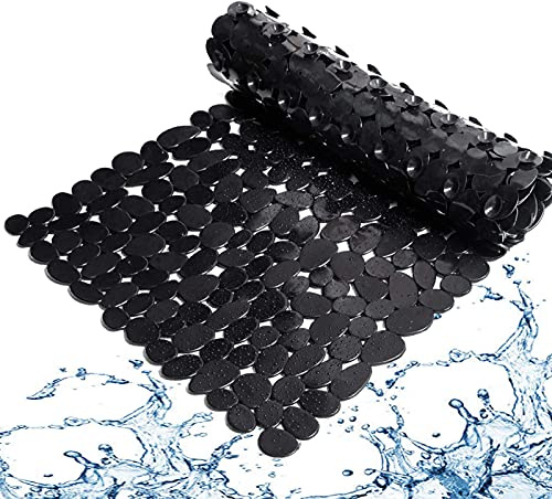 Marsheepy Non-Slip Pebble Bath Mat,Extra Long Anti Slip Bathtub Shower Mat with Suction Cups and Drain Holes for Bathroom,Machine Washable,40 x 88 CM,Black