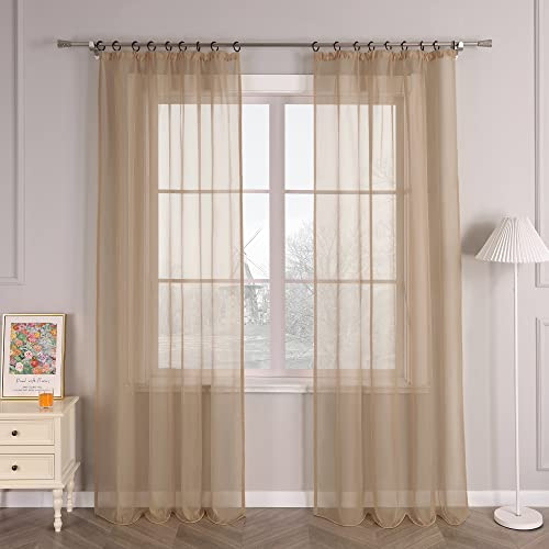 HongYa 1er-Pack Uni Gardine Transparenter Voile Schal Vorhang mit Kräuselband H/B 245/145 cm Hellbraun