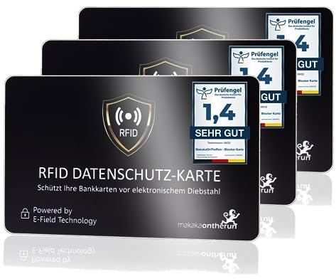 MakakaOnTheRun 3X RFID Blocker Karte (3fach geprüft: DEKRA + EMV + HF-Labor) 360° Schutzkarte für Geldbörse - NFC Blocker Karte - Schutzkarte gegen Datenklau - RFID Blocker Card
