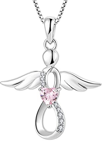 FJ Collier pour Femme Collier Ange Gardien Argent Sterling 925 Pendentif Infini Collier Pierre de Naissance Octobre Tourmaline Rose Cadeaux de Bijoux pour Femme Fille