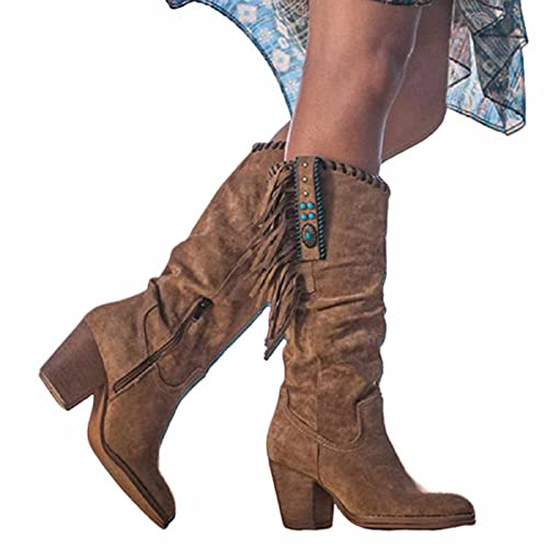 BBOOY Stivali Alti da Cowboy da Donna, Stivali Lunghi alla Moda con Tacco Alto con Frange, Stivali Alti al Ginocchio Western in Pelle Scamosciata con Punta Tonda da Donna,Marrone,38