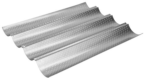 Cyrank Molde para baguette perforado, bandeja para hornear baguette de acero inoxidable, bandeja para pan antiadherente para hornear, molde para hornear pan francés de 4 y 3 ondas(02)